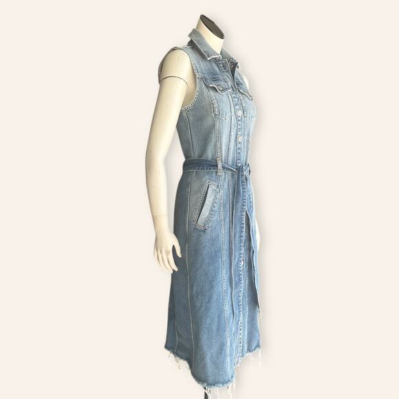 7 For All Mankind Denim Button Up Midi Dress XS Sleeveless Belted Frayed Hem - Picture 2 of 9